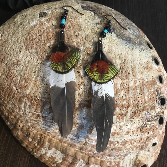Hand Crafted Imitation Eagle & Turquoise Feather Hand Painted Tribal Earrings - Picture 3 of 16